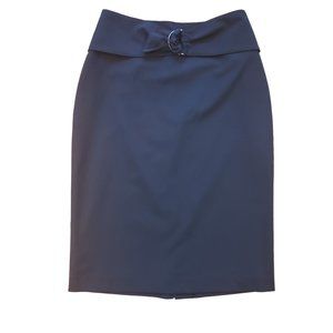 Le Chateau Black Stretch Pencil Skirt  Midi Length Belted Accent- Size 3/4